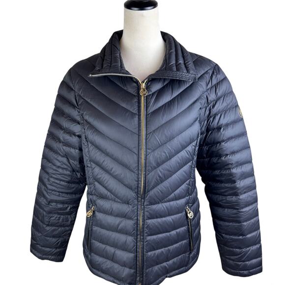 Michael Kors Black Zip Up Collar Gold Accents Lightweight Puffer Jacket Pockets - Picture 1 of 12